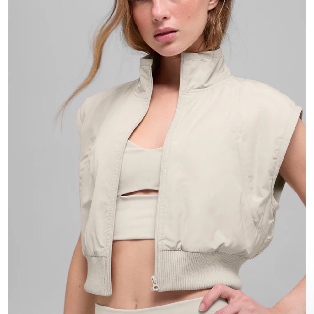 ALO Yoga Women's Sleeveless Bomber Jacket in Light Beige